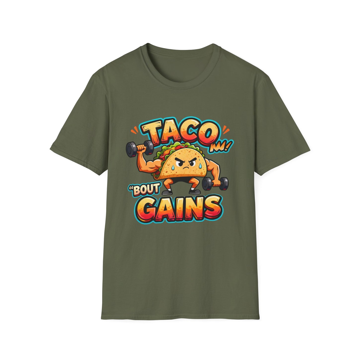 Gym Humor Unisex Softstyle T-Shirt, Taco 'Bout Gains Tee, Fitness Shirt, Workout Top, Muscle Joke Apparel