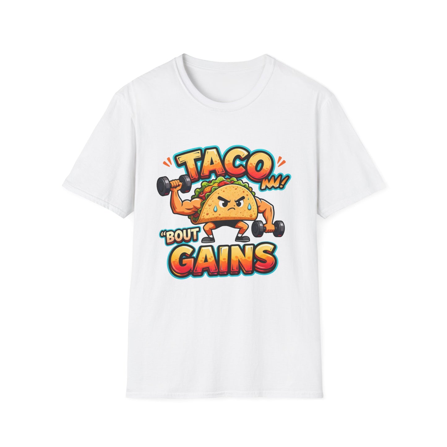 Gym Humor Unisex Softstyle T-Shirt, Taco 'Bout Gains Tee, Fitness Shirt, Workout Top, Muscle Joke Apparel