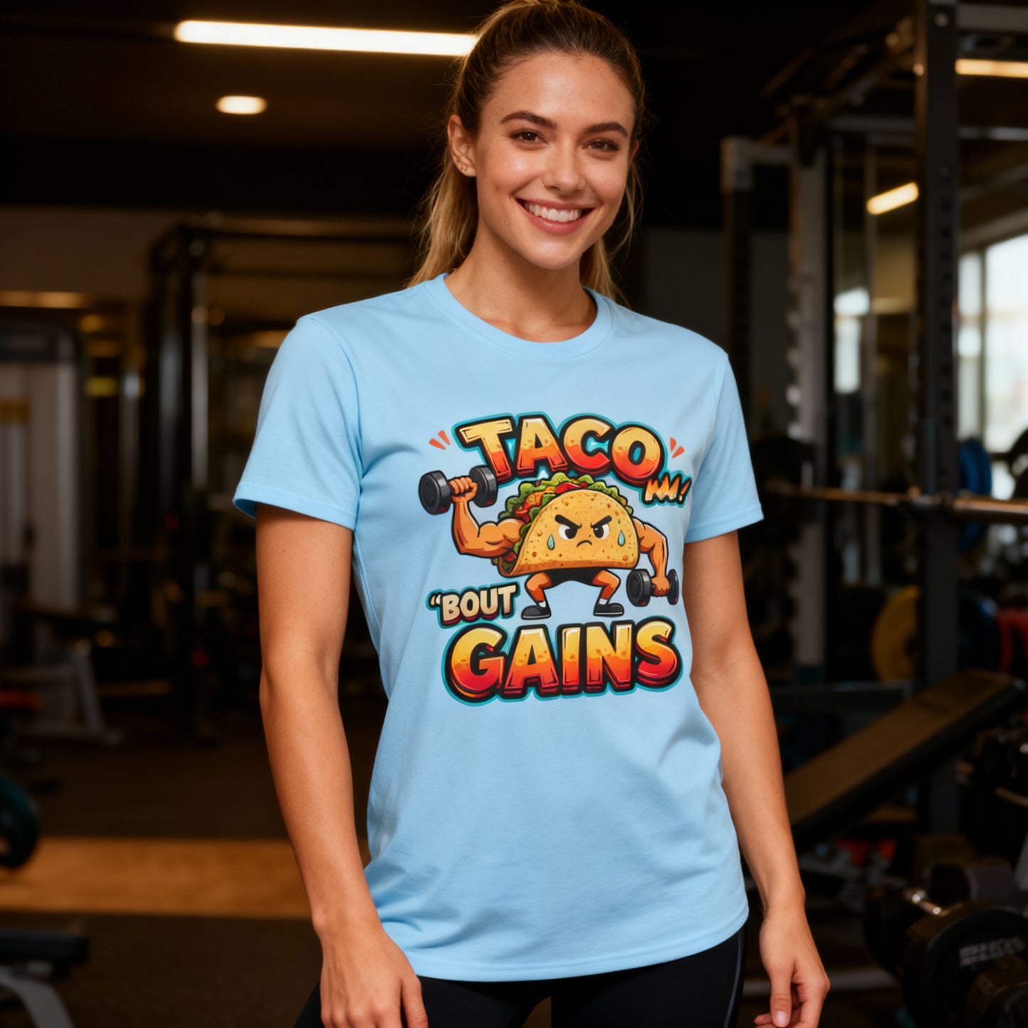 Gym Humor Unisex Softstyle T-Shirt, Taco 'Bout Gains Tee, Fitness Shirt, Workout Top, Muscle Joke Apparel