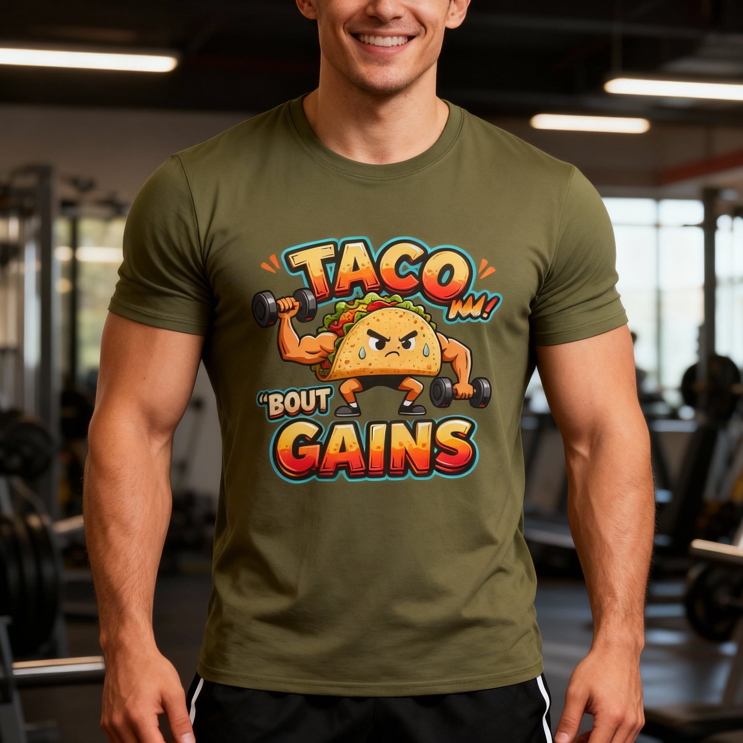 Gym Humor Unisex Softstyle T-Shirt, Taco 'Bout Gains Tee, Fitness Shirt, Workout Top, Muscle Joke Apparel