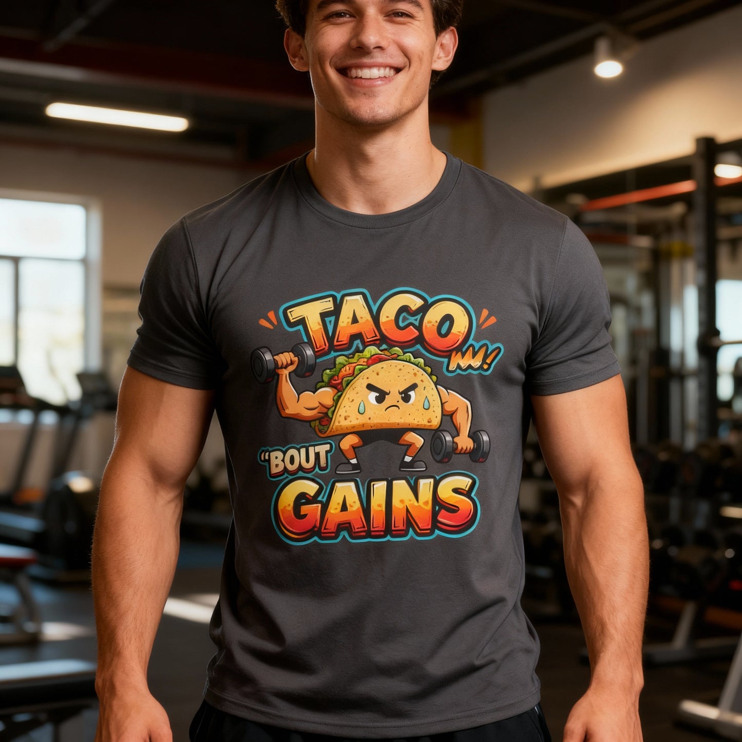 Gym Humor Unisex Softstyle T-Shirt, Taco 'Bout Gains Tee, Fitness Shirt, Workout Top, Muscle Joke Apparel