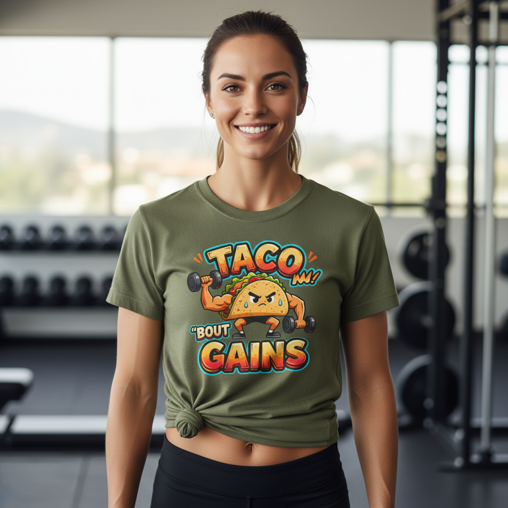 Gym Humor Unisex Softstyle T-Shirt, Taco 'Bout Gains Tee, Fitness Shirt, Workout Top, Muscle Joke Apparel