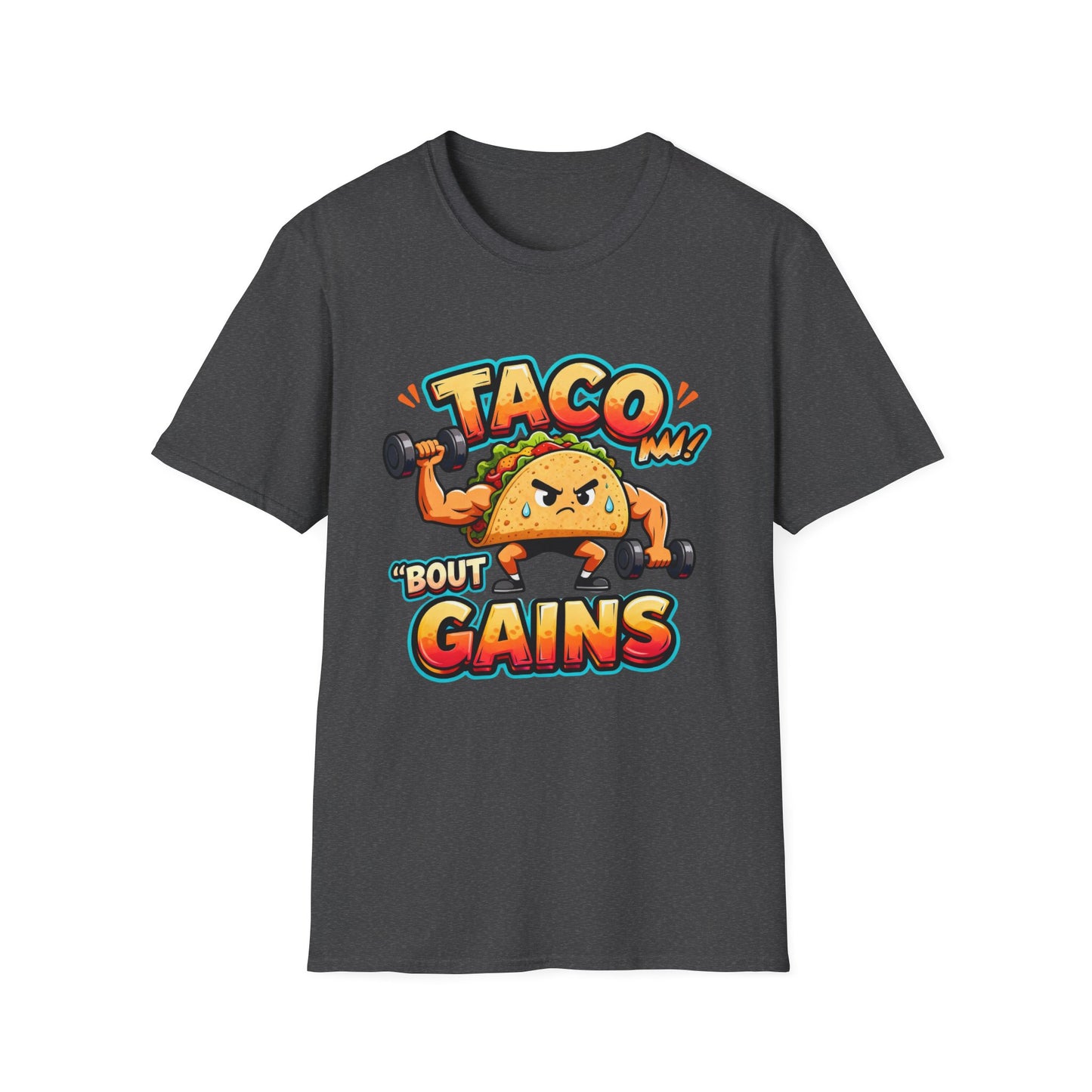 Gym Humor Unisex Softstyle T-Shirt, Taco 'Bout Gains Tee, Fitness Shirt, Workout Top, Muscle Joke Apparel