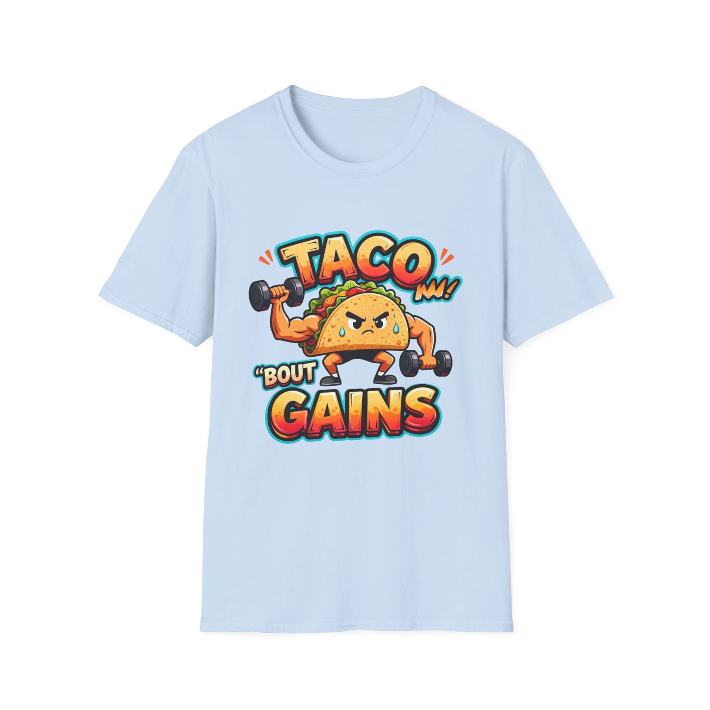 Gym Humor Unisex Softstyle T-Shirt, Taco 'Bout Gains Tee, Fitness Shirt, Workout Top, Muscle Joke Apparel