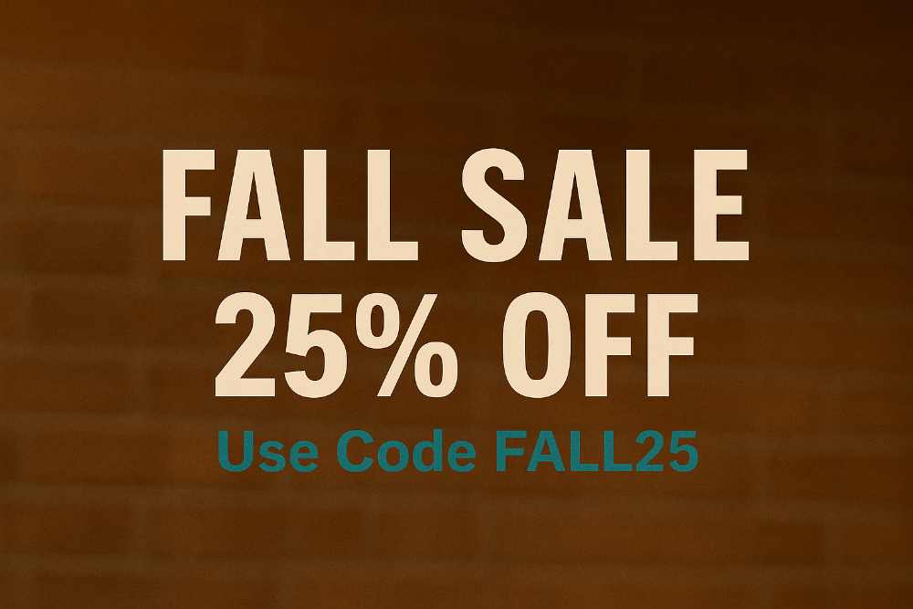 Fall sale advertisement with 25% off and code on a brown brick background
