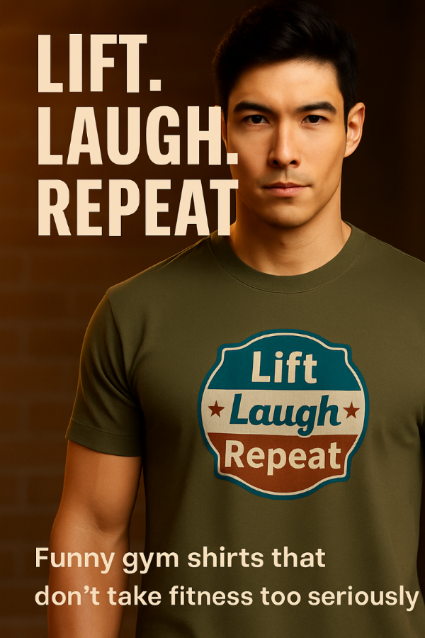 Man wearing a green t-shirt with 'Lift Laugh Repeat' design on a brown background