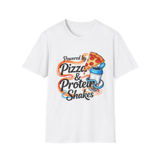Funny Gym Apparel Unisex Softstyle T-Shirt, Pizza and Protein Shakes Tee Shirt, Workout Shirt, Activewear Top, Fitness Tee, Gift for Gym