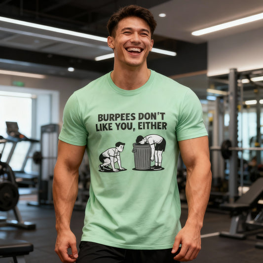 Funny Burpees Don't Like You Either Unisex Softstyle T-Shirt, Workout Tee, Gym Shirt, Fitness Apparel, Exercise Top