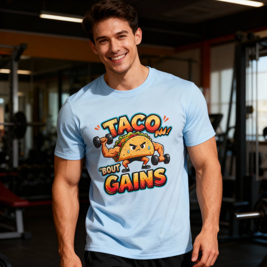 Gym Humor Unisex Softstyle T-Shirt, Taco 'Bout Gains Tee, Fitness Shirt, Workout Top, Muscle Joke Apparel