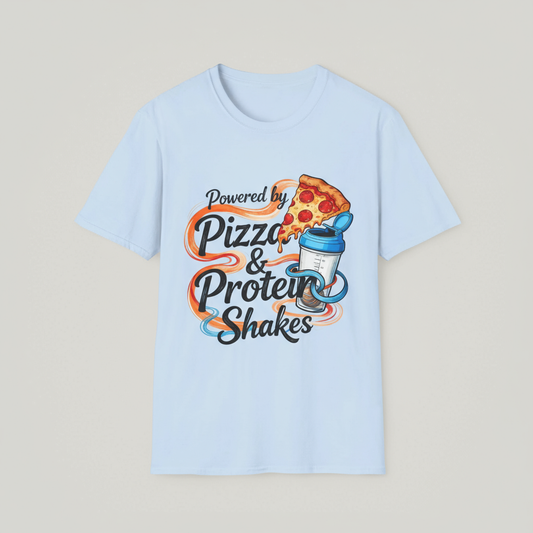 Funny Gym Apparel Unisex Softstyle T-Shirt, Pizza and Protein Shakes Tee Shirt, Workout Shirt, Activewear Top, Fitness Tee, Gift for Gym