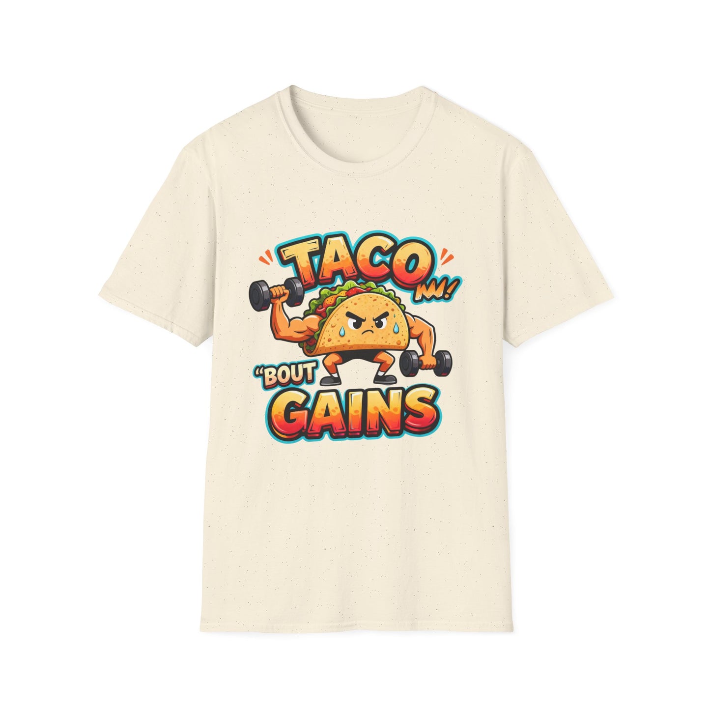 Gym Humor Unisex Softstyle T-Shirt, Taco 'Bout Gains Tee, Fitness Shirt, Workout Top, Muscle Joke Apparel