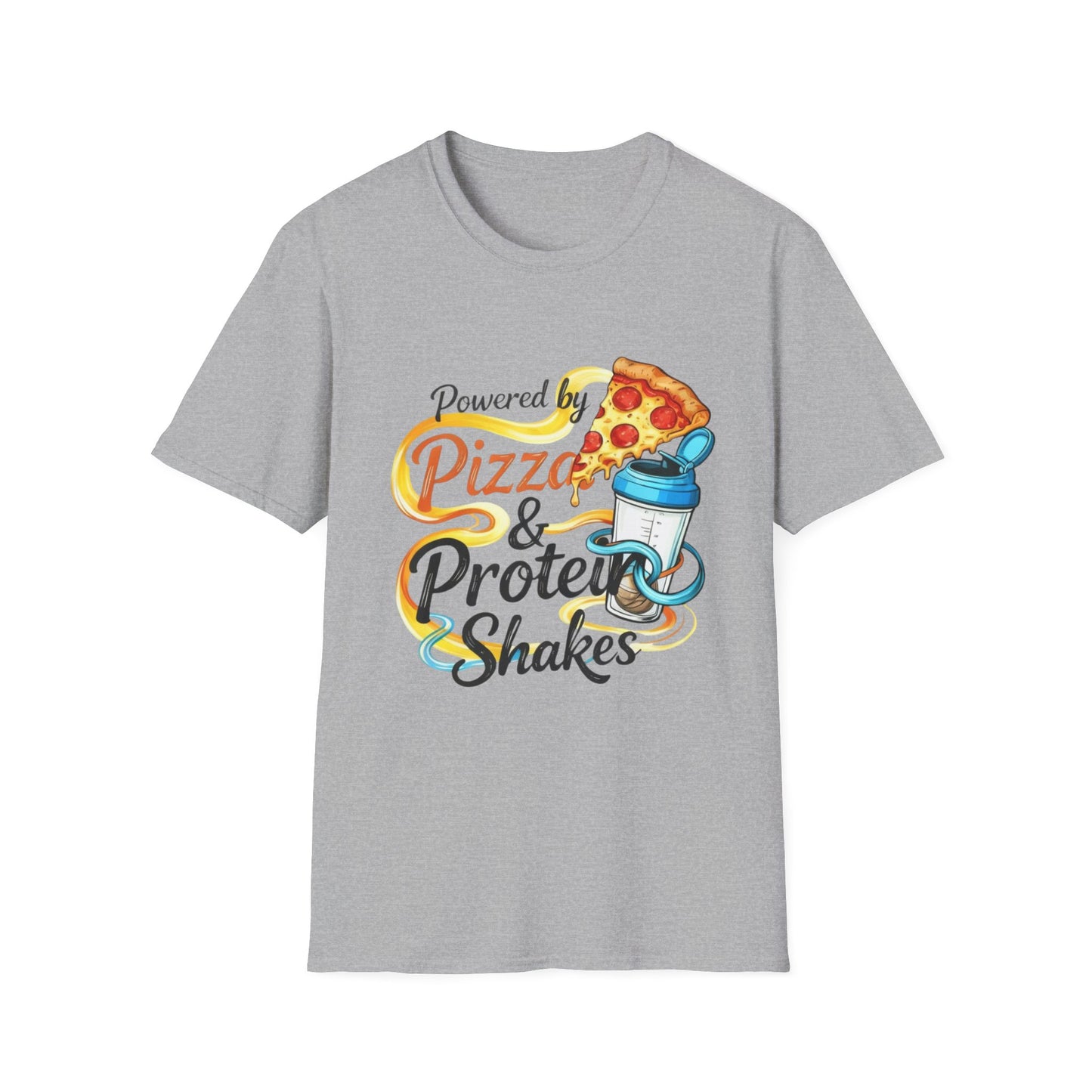 Funny Gym Apparel Unisex Softstyle T-Shirt, Pizza and Protein Shakes Tee Shirt, Workout Shirt, Activewear Top, Fitness Tee, Gift for Gym