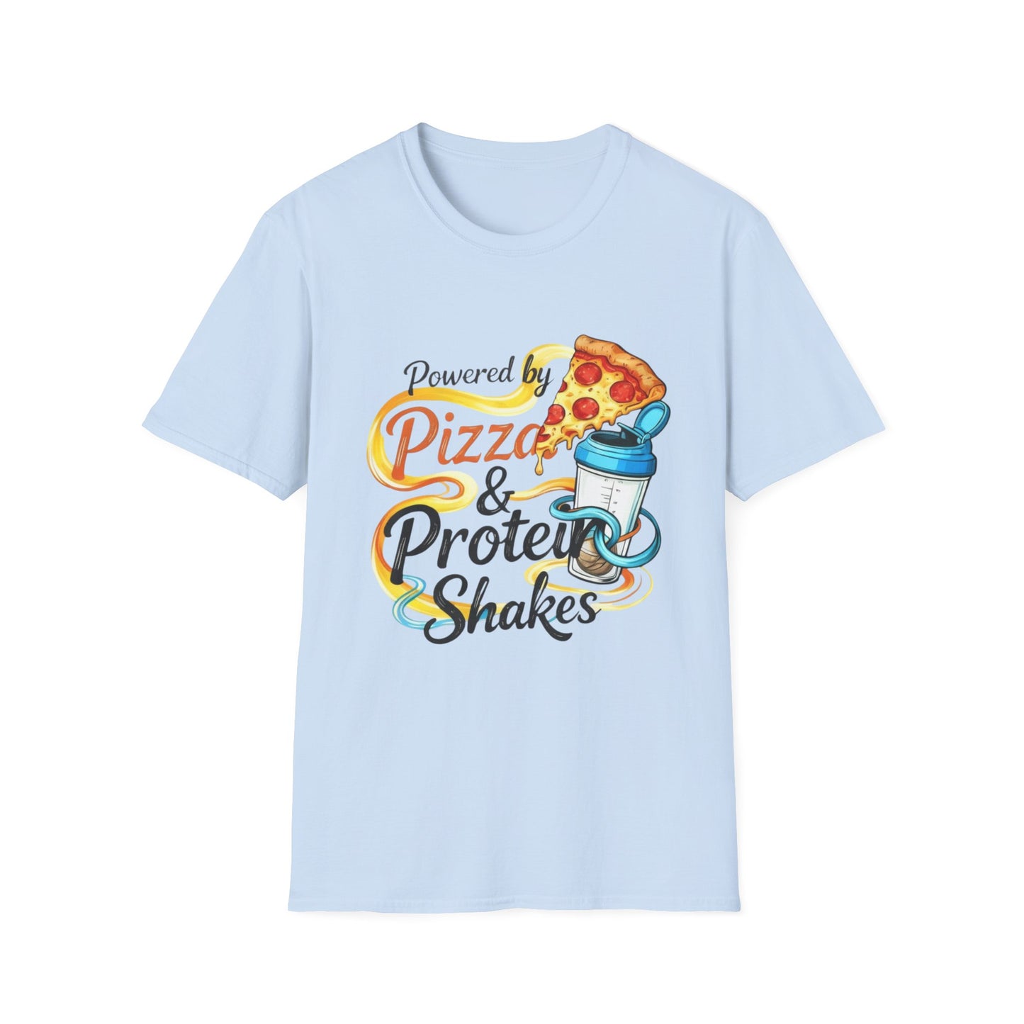 Funny Gym Apparel Unisex Softstyle T-Shirt, Pizza and Protein Shakes Tee Shirt, Workout Shirt, Activewear Top, Fitness Tee, Gift for Gym